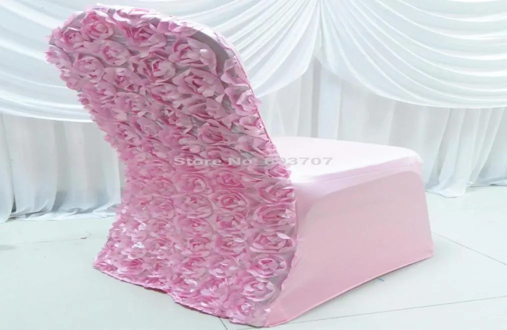 Couverture de chaise lycra Stretch Stretch Stretch Stretch avec une fleur de rosette en satin 3D Back7872090