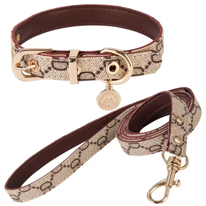 Designer Dog Collar Leases Set Soft Justerbar Classic Printed Plaid läder Pet Collar med blommor för små hundar Chihuahua Poodle