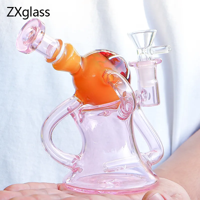 Glas Raucherwasserrohr Recycler Dab Rig Oil Banger Bong stromabwärts Stream -Perkolator Glass Pink Shisha Bubbler mit 14 mm männlicher Schüssel
