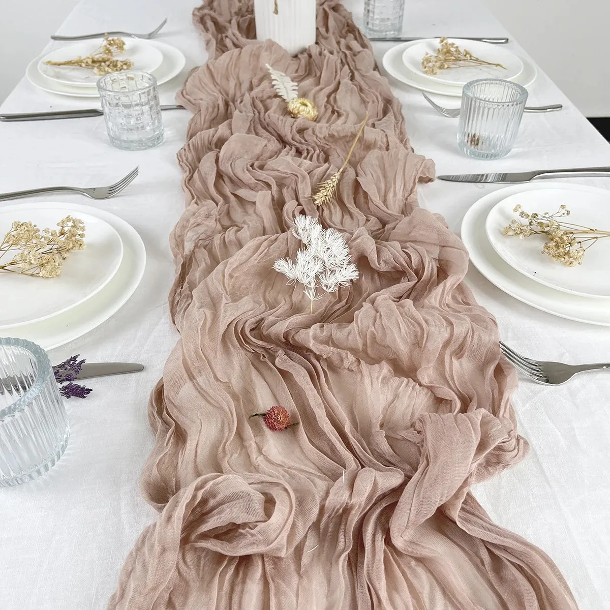 Mariage Pink Gauze Table Runner Semiseer Vintage Fintage Fixt Party Party Party Christmas Banquets Cake Decor 240430