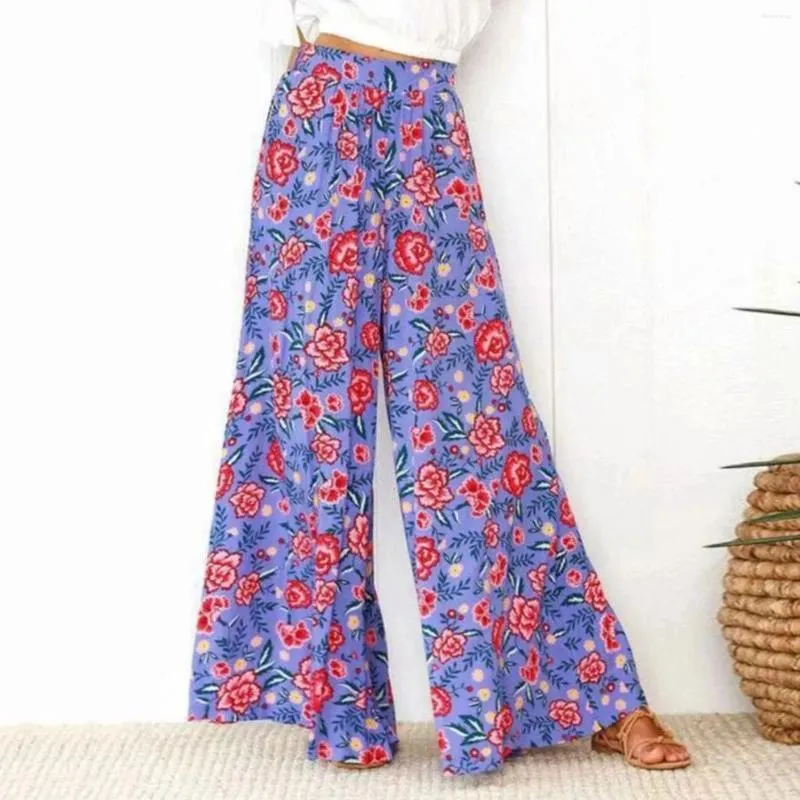 Женские штаны Bohemian широкие ноги для женщин винтаж цветочный высокий талия в стиле Palazzo Beach Boho негабаритные брюки длины пола.