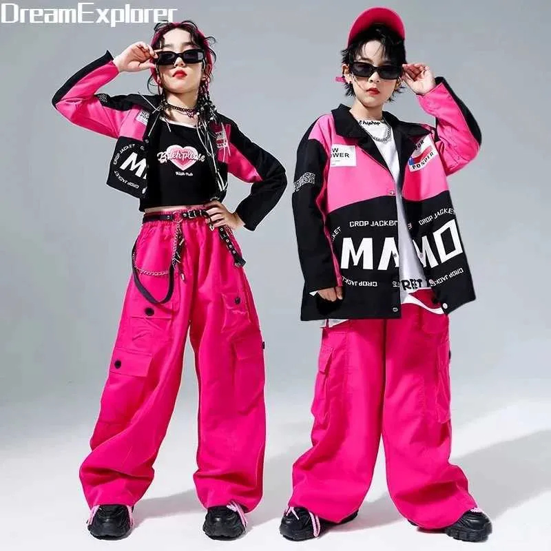 Kleidung Sets Girls Street Dance Baseball Crop Jacke Cargo Hosen Jungen Hip-Hop Motorrad Jacke Set Childrens Jazz Kleidung Kinderstraße Kleidung 2403