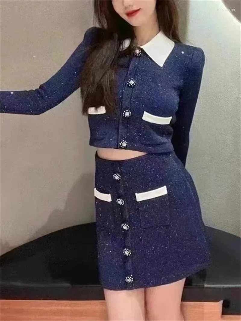 Work Dresses Autumn 2024 Women Sequin Color Patchwork Set Ladies Single Breasted Short Jacket Or Pleated Mini Skirt Small Fragrant Suit