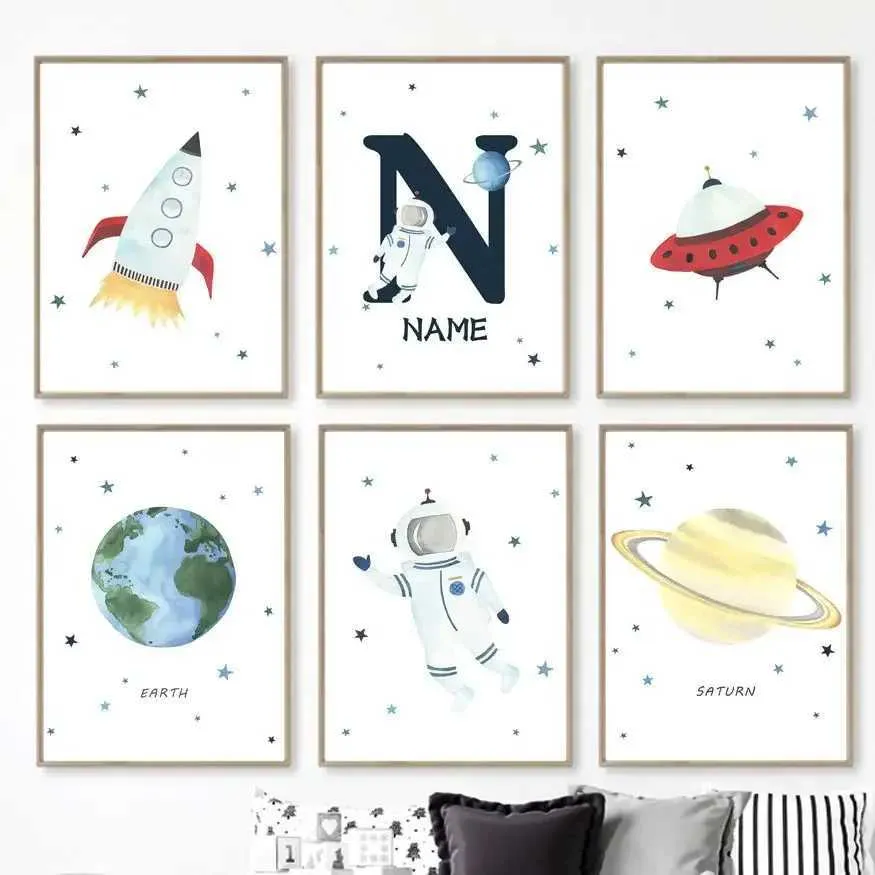 RS Nom personnalisé Station spatiale de l'astronaute Planètes Rocket Earth Saturn Mur Art Canvas Home Pictures Nursery Affiches Impressions de chambre décor J240505