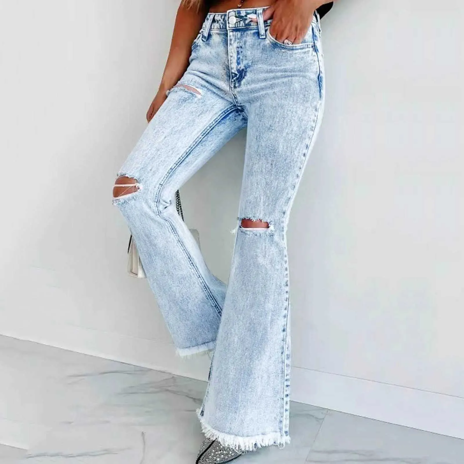 Pantalon féminin Capris Womens Flare Jeans Ripped Jeans Micro Boom Washed Coverage Bell Bottom High Taon Pantal