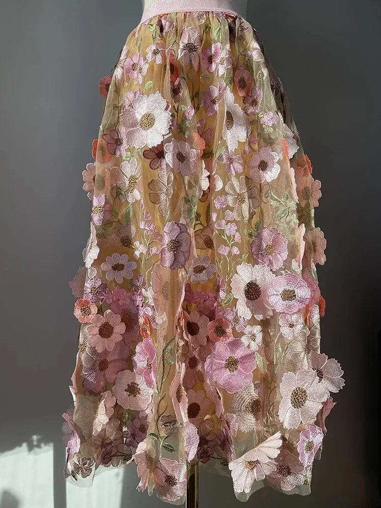 Jiami Luxury haute taille florale plissée en tulle jupe de haute qualité 3d fleurs brodées de jupe fée fête des femmes élégantes 240423