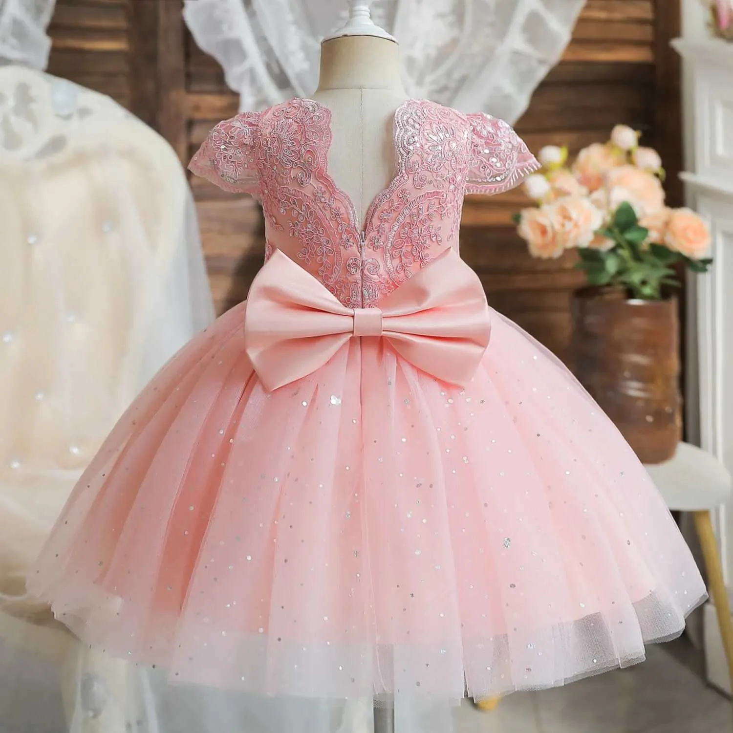 Baby Pink Floral Embroidered Christening Baptism Dress for Year