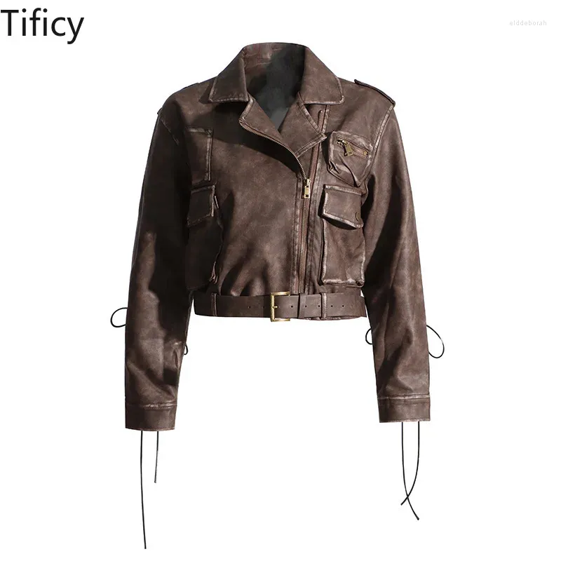 Damesjassen Tify 2024 Spring mode temperament revers pocket splicing short jacket vrijetijds motorfiets breezezeepelt jas