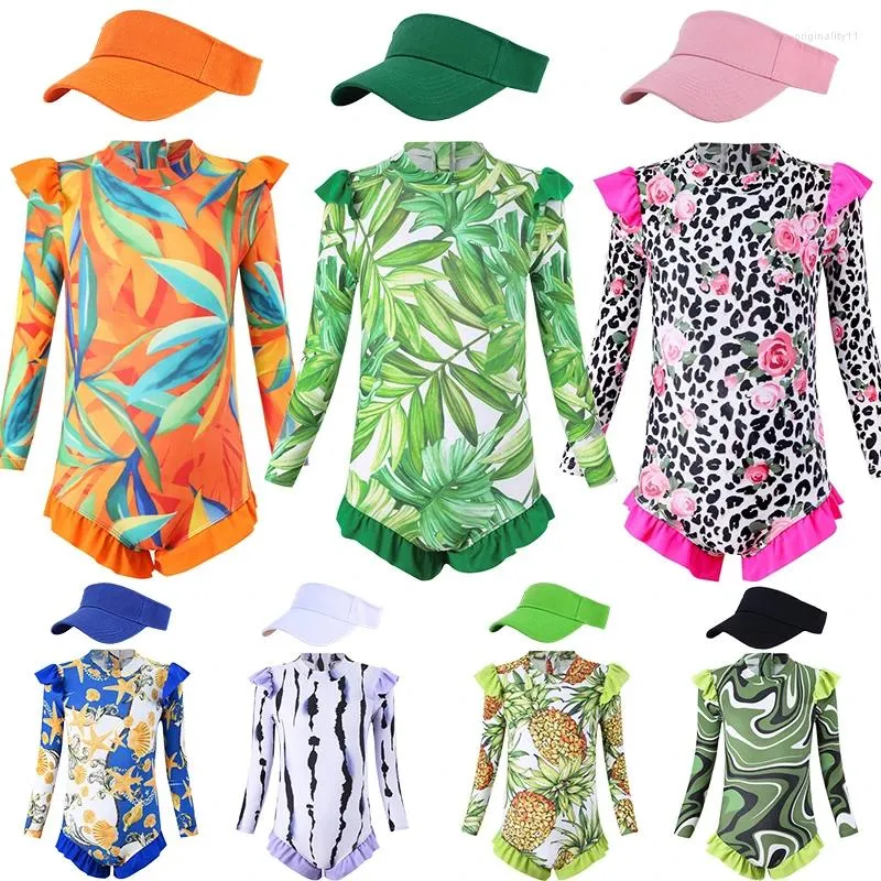 Clothing Sets 2024 Long Sleeve Girls Swimwear One Piece Retro Floral Baby Girl Swimsuit Children Swim Beach Party Swimsuits Kids Girl's