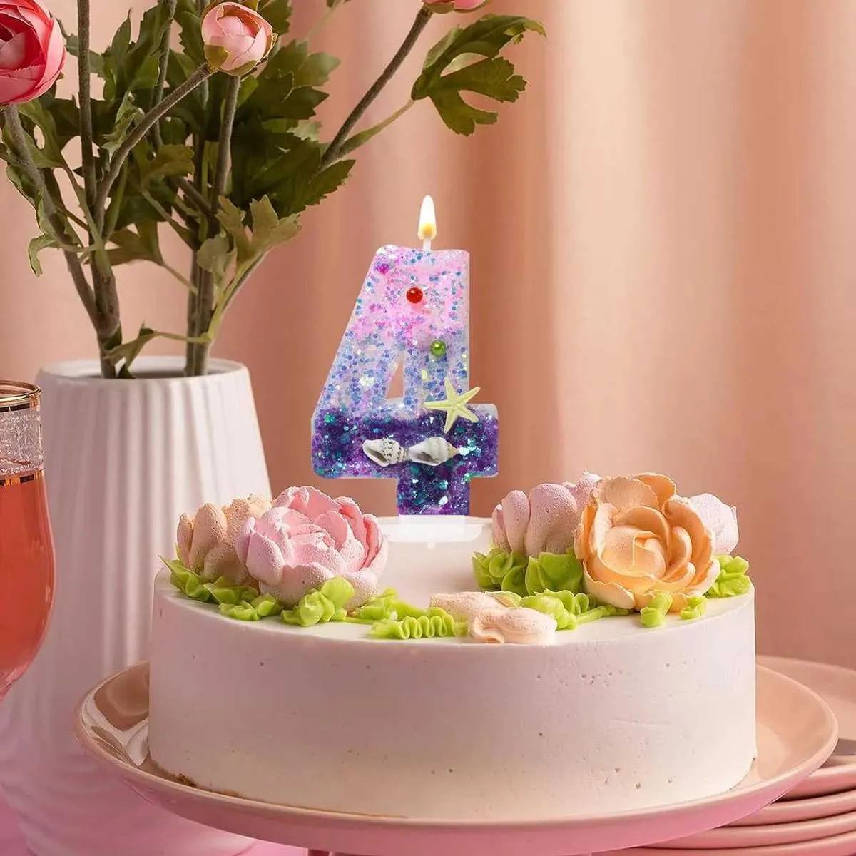 3st ljus 1st Gradient Purple Birthday Candle Sparkly Starfish Conch Candle Topper Candle Birthday Fest Cake Dekoration Tillbehör