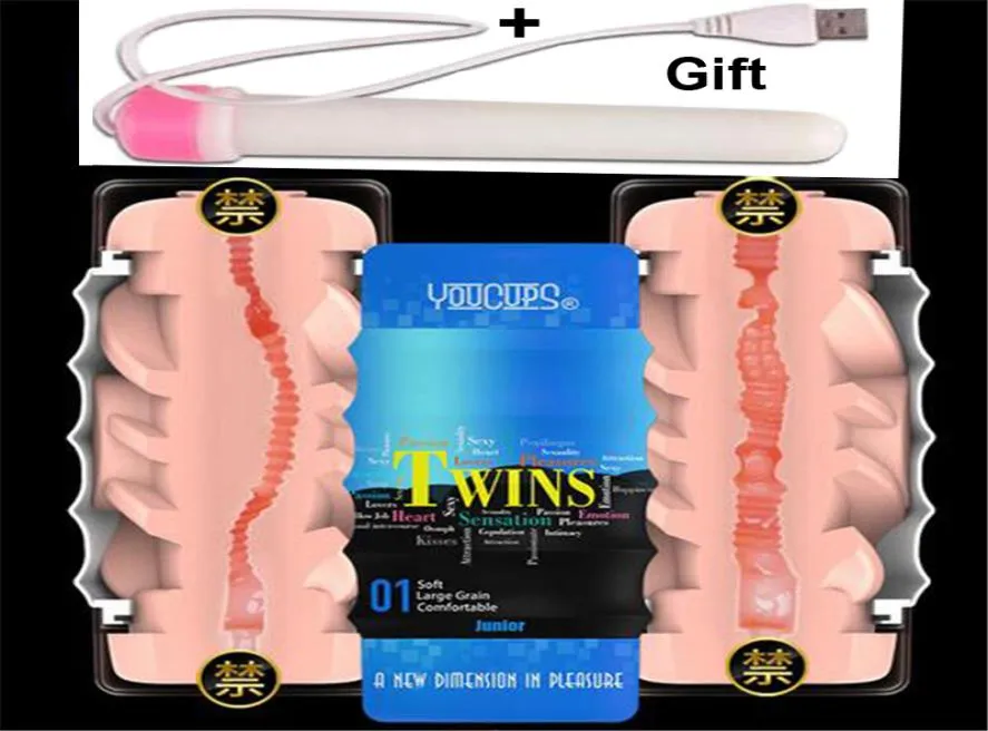 Youcups Dual Channel Male Masturbation Cup Silicon Vagin Vagin Adult Toys for Men Pénis Fake Pussy Masturbator pour l'homme Y18740536