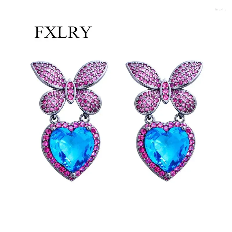 Boucles d'oreilles en peluche fxlry conception créative fuchsia rouge cubic zircon papillon clair bleu amour coeur drop pour femmes bijoux de fête