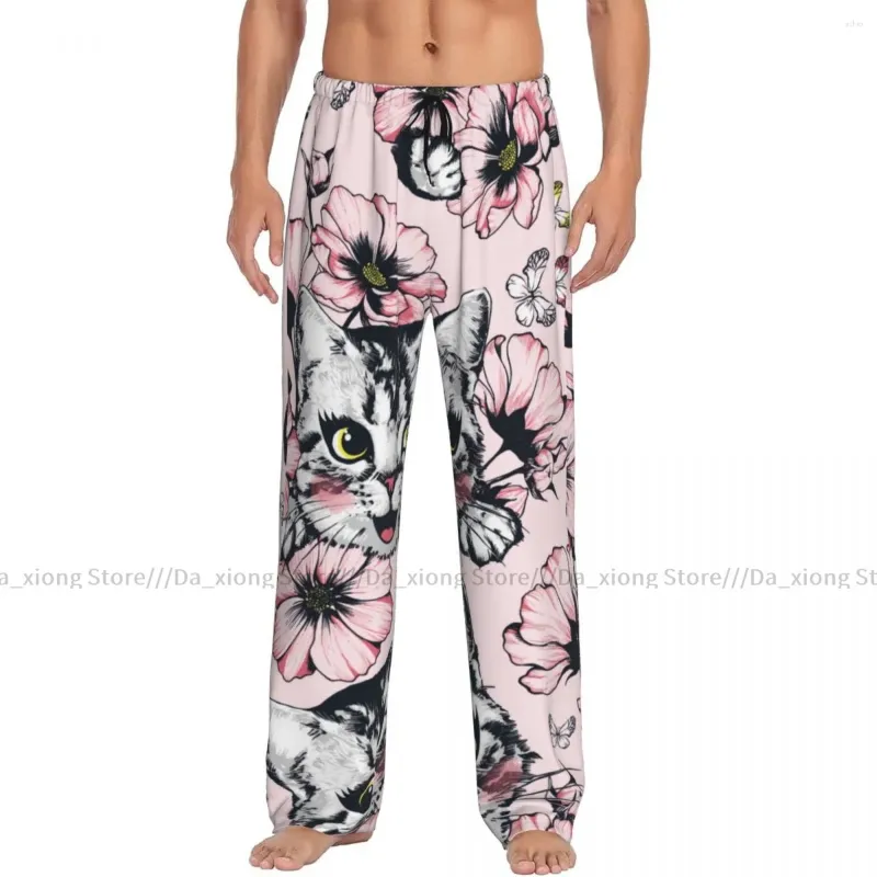 Мужская одежда для сон мужчин спят дно мужские брюки гостиной цветы со счастливым котенком лицом пижамы штаны