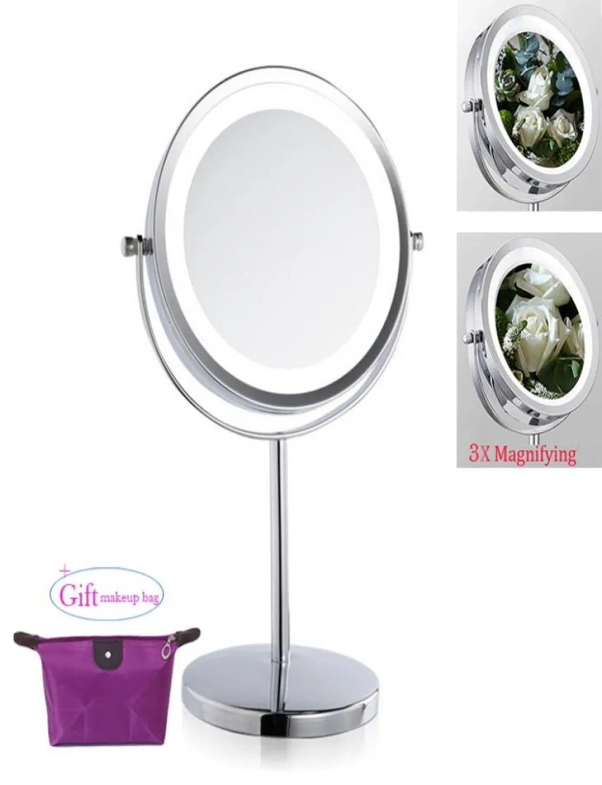 7 -дюймовый светодиодный световой зеркал косметический косметический двойной боковой мини -девочка Женская леди красота Нормальная 3 -кратная 3 -кратная магнитная подставка для макияжа3262515