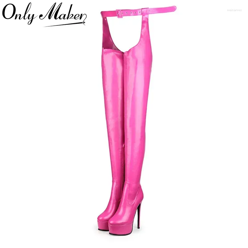 Laarzen Onlymaker Woman Round Toe Pink Platform Stiletto Rettery Panty in Fuchsia over de knie elastische slanke sexy