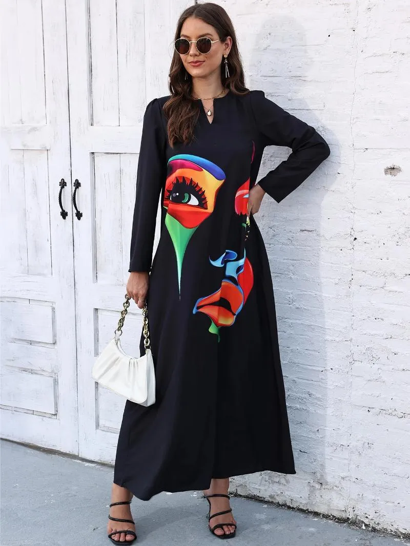 Casual Dresses Autumn Winter Long Dress Women Black Sleeve V-neck Elegant Party Face Print Vintage Plus Size 2024