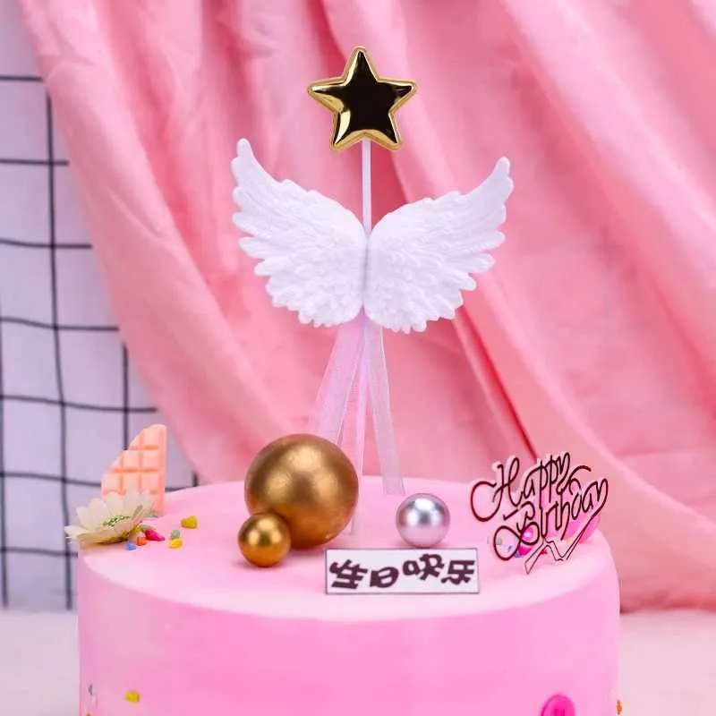 Candles Birthday Cake Decoration Angel Feather Wings Card Insertion Star Baking Ornaments Tassel Decoration DIY Flag