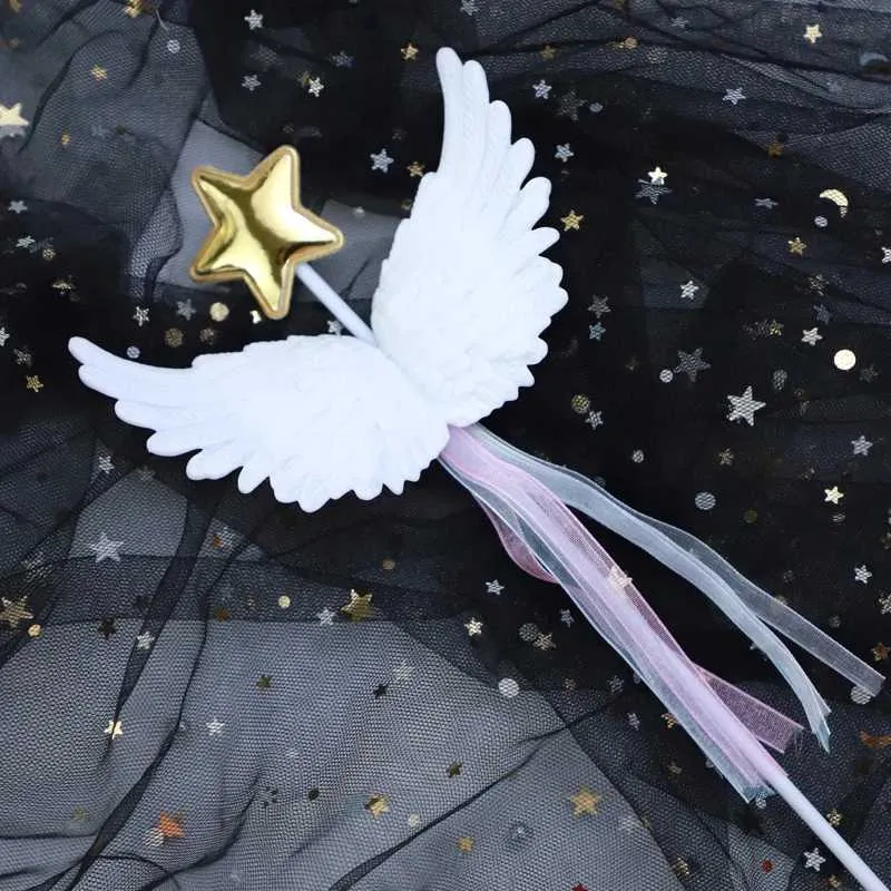 Candles Birthday Cake Decoration Angel Feather Wings Card Insertion Star Baking Ornaments Tassel Decoration DIY Flag
