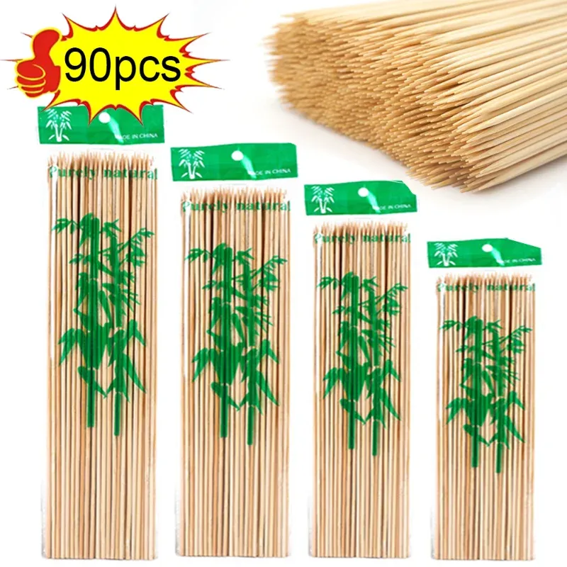 Accessori 90pcs Bamboo Skewer Sticks Grade Clamboo Stick Natura Mosai Stick Long Long Long 15/20/25/30 cm per la frutta barbecue BBQ Strumento