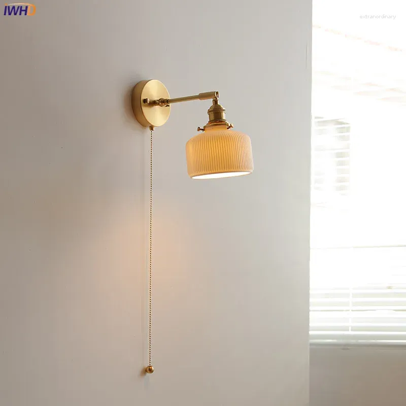 Wandlampe IWHD Nordic Ceramic Kupfer LED neben Pull -Kettenschalter nach oben verstellbarer Badezimmerspiegel Treppe Licht Wandlamp