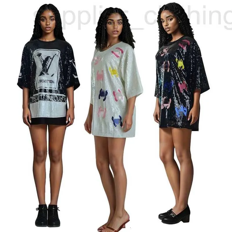 Kvinnors t-shirt designer klänningar glittrande paljett designer rund hals hip hop robe mini klänning gratis fartyg ah0l