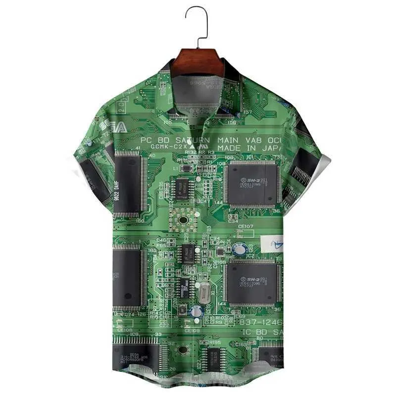 Herren lässige Hemden elektronischer Chip 3D -gedruckte Hemden für Männer Kleidung Vintage Motherboard Blusen Enginr Short Slve Button Persönlichkeit Männliche Tops Y240506