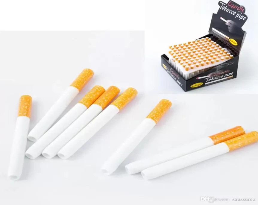 Dhl Cigarette Shape Fumer Pipes Ceramic Cigarette Hitter Pipe Yellow Filtre Color100pcsbox 78mm 55 mm One Bat Metal5495648