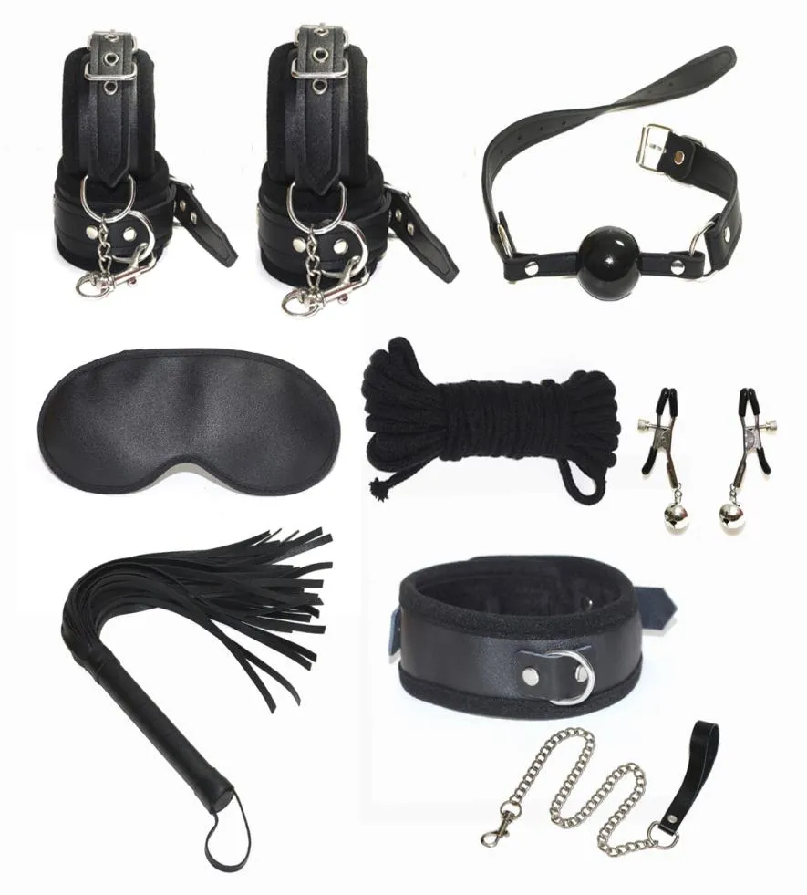 Schwarzes Leder Bondage Set Kit mit Sex -Handgelenk Manschetten Mund knag