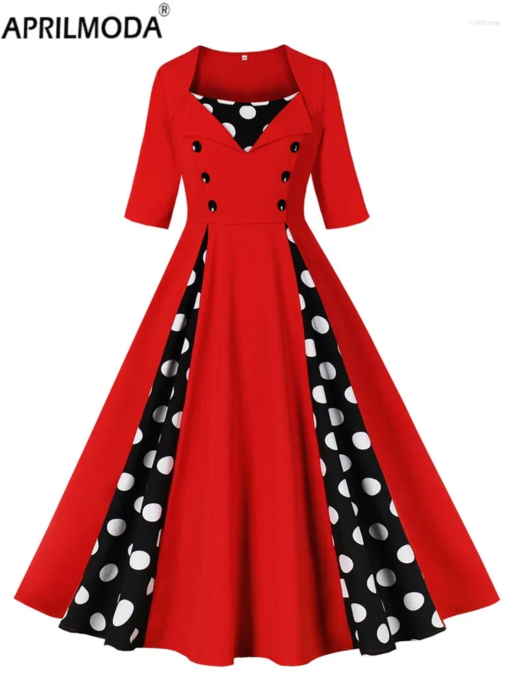 Sukienki imprezowe moda letnia sukienka w stylu vintage patchwork Polka Dot Print Połowa rękawu przycisk wysokiego pasa startowego Krótko