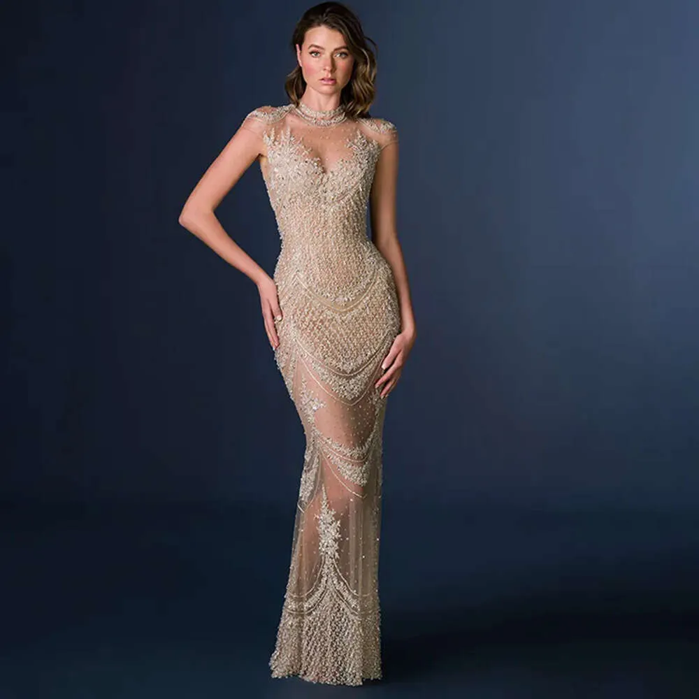 Kurzer eleganter Hochhals -Prom -Ärmel Meerjungfrau Tüll durchscheinend mit Bewerber Perlen drapiertem Kleid maßgeschneiderte Dubai Kleider Plus Größe Roben