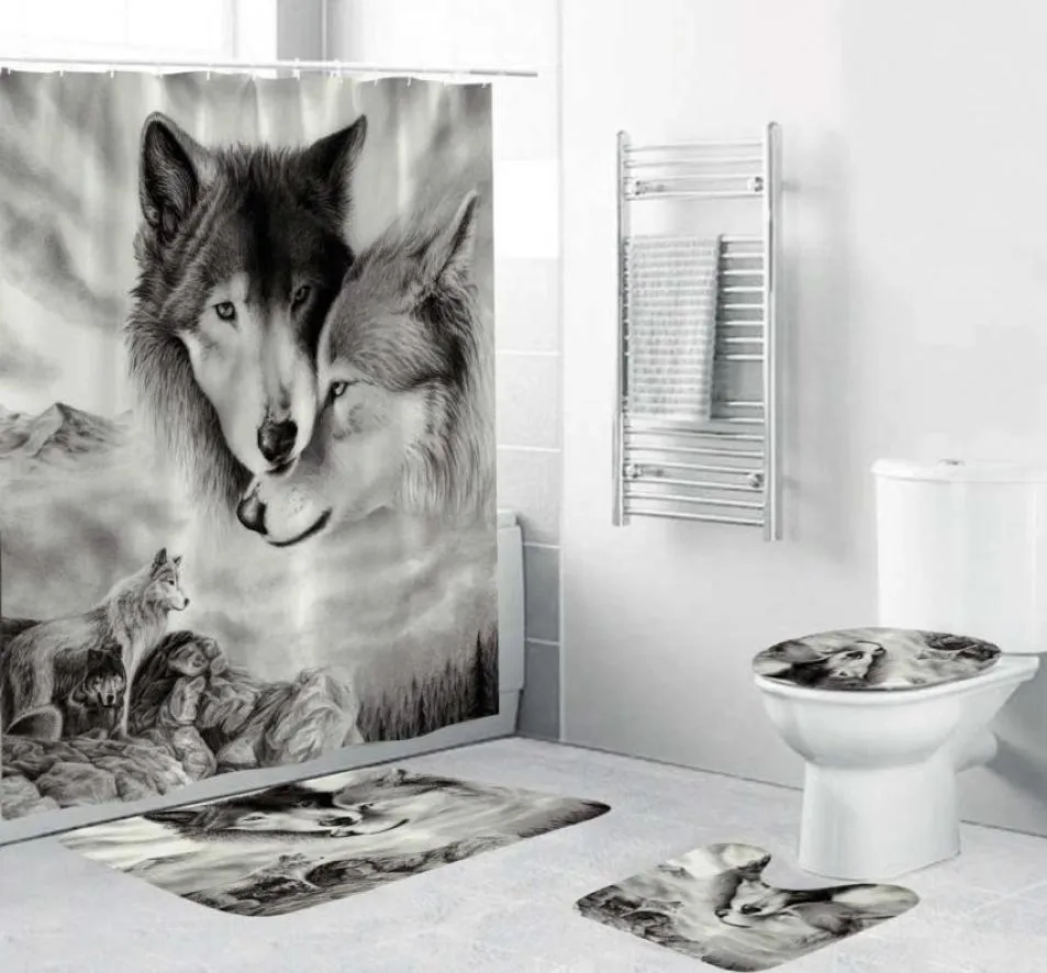 180x180 cm 1pc3pcs4pcs Weißer Wolf Dream Catcher Wolf Eyes mit 12 Haken Badezimmer Duschvorhang Toilettenmatte Deckel Teppich Vorhang Sets T4541006