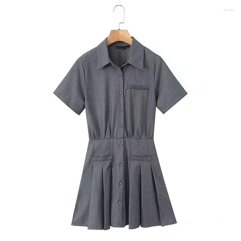 パーティードレスYenkye Summer Women Gray Lapel Shirtheeve Shird Dress Retro Girl Front Bottons Up Slim Waist PletedA-Line Mini