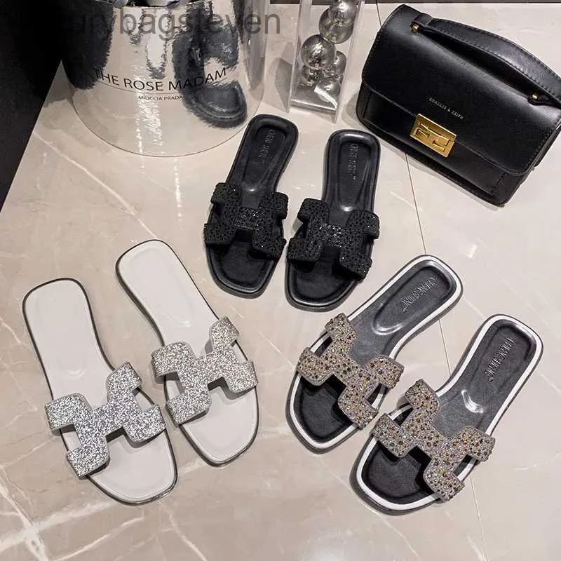 Fashion Original h Designer Slippers Slippers for Womens Outerwear 2024 New Trend Summer Rhinestone Sandals Fashionable Beach Flat with 1:1 Brand Logo