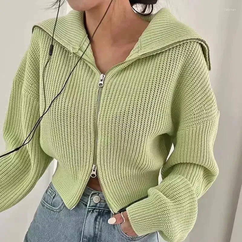 Kvinnors stickor Spring Autumn Women Short Sticke tröja Cardigan Jacka Casual Korean Lapel Long Sleeve Ladies Knitwear Crop Tops