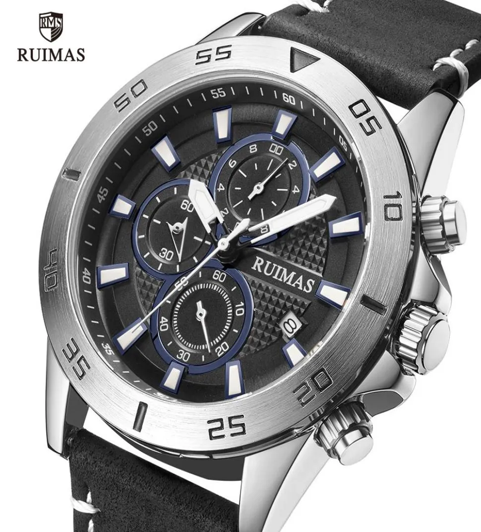 Ruimas Casual Watchs Men Luxury Luxury Black Le cuir bracelet Montreuse Military Sports Chronograph Quartz Watch Man Regios Clock 5721896545