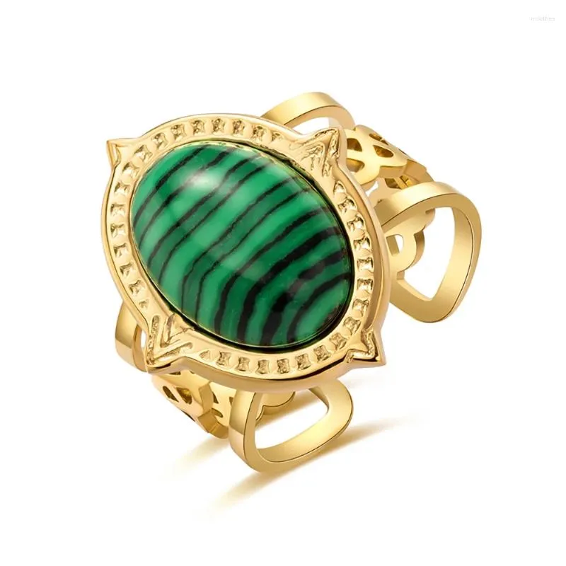 Anelli a grappolo in acciaio inossidabile in malachite vintage selvaggio per donne Dichiarazione di lusso in pietra naturale Gioielli oro.