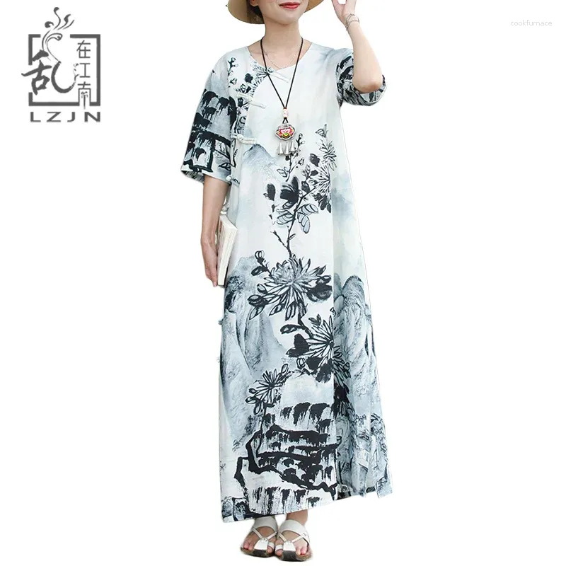 Sukienki imprezowe LZJN Tradycyjne chińskie mycie atramentu malarstwo długa letnia sukienka Kobiety Maxi krótki rękaw Qipao cheongsam vintage szlafrok