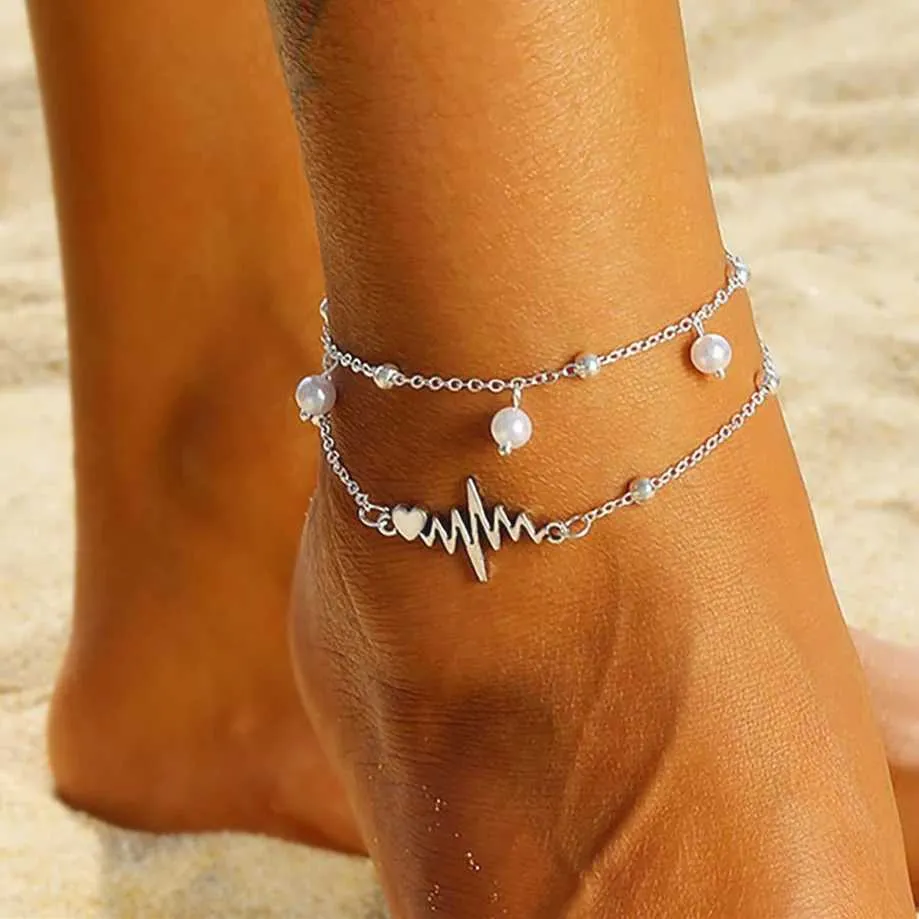 Fußkettchen Mode -Fußkettchen Armband für Knöchel weibliche Simulation Perlen Herzperlen Fachketten Beine Kette Bohemian Wave Foot Jewelry