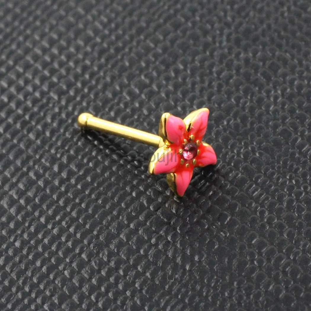 Arts du corps Jhjt 20g Pink Flower Nez Piercing 316L Chirurgical en acier inoxydable Nez Bague de pote bijoux D240503