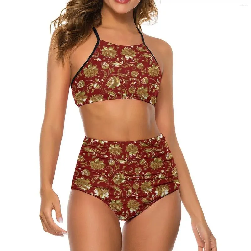 Frauen Badebekleidung sexy Blumendamast Bikini Set Gold und Rot Trend Badeanzug hoher Taille Surf übergroße Strandkleidung