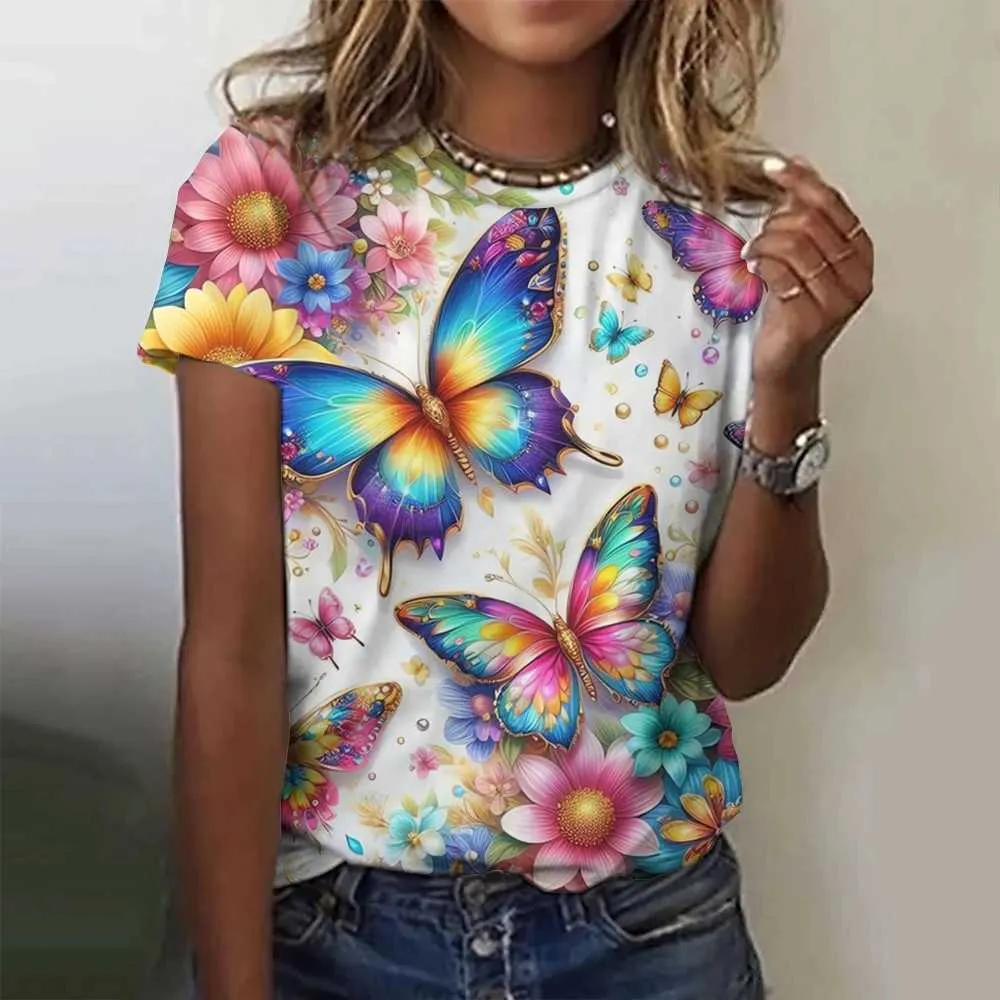 Women's T-Shirt 2024 Fashion Womens T-shirt 3D Butterfly Print Staff Neckline Short Sleeve T-shirt Luxury Womens T-shirt Large Y2k Girls ClothingL2405