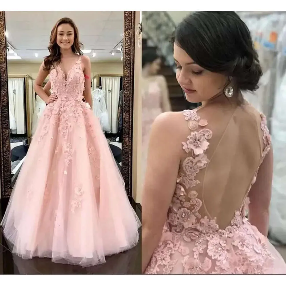 Jurken mouwloos roze prom prachtig met 3D bloemen applique illusie tule vloer lengte kant op maat gemaakte plus size avond feestje baljurken vestido