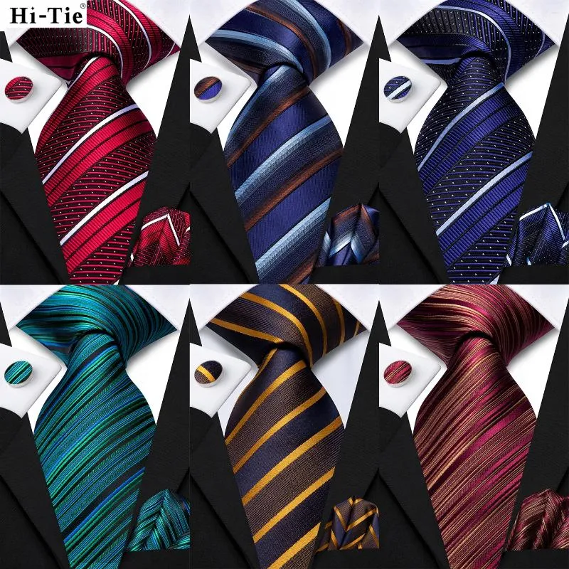 Bow Ties Hi-Tie Red Blue Striped Business Mens Tie 8,5 cm Jacquard Ntralte accessoires Dagelijkse slijtage Cravat Wedding Party Hanky Cufflink Set