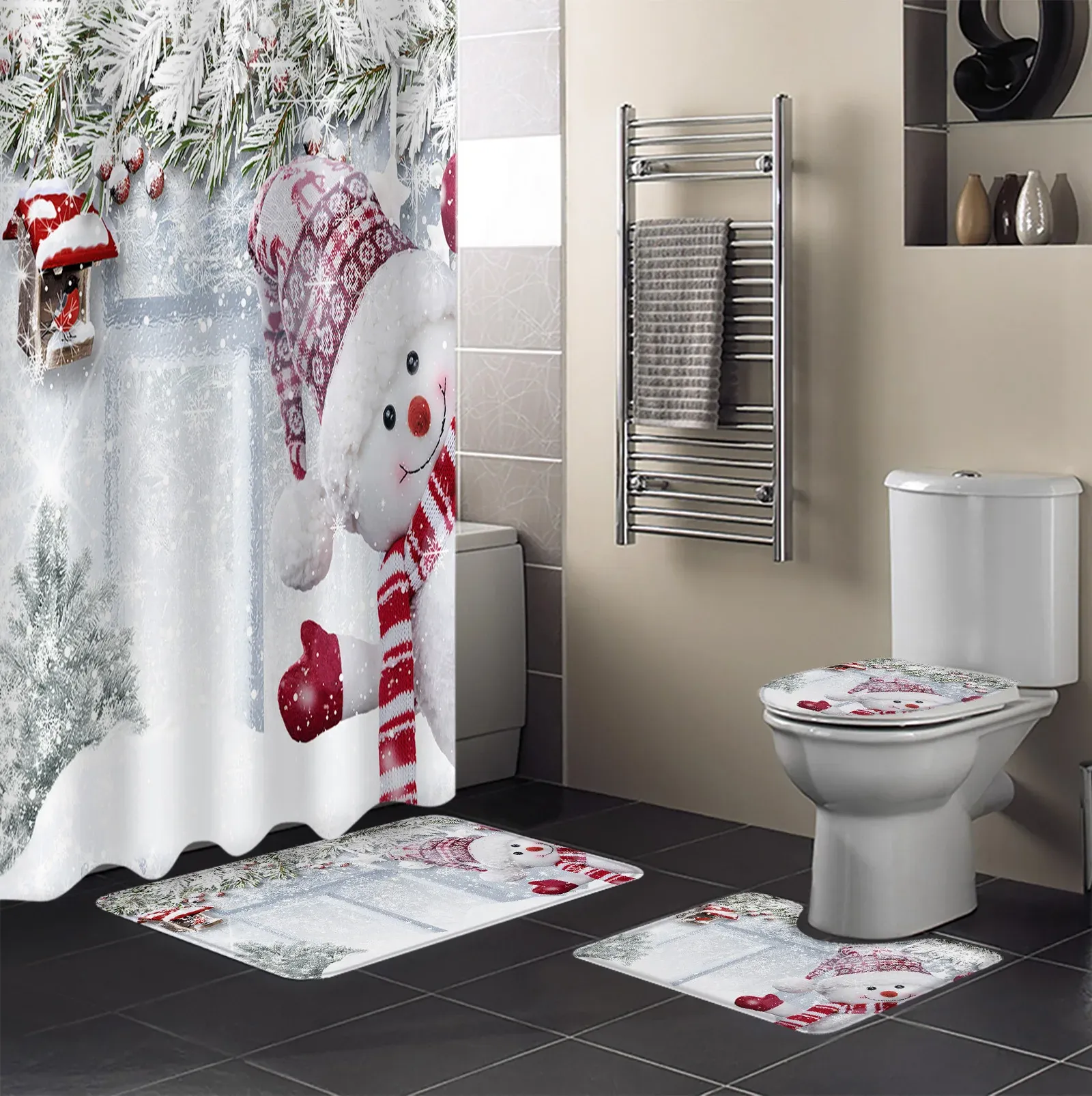 Cortinas de Natal Cena de neve de inverno Snow boneco de chuveiro de neve cortina tapetes na tampa da tampa do banheiro e cortinas de banheiro de tapete de banho com ganchos