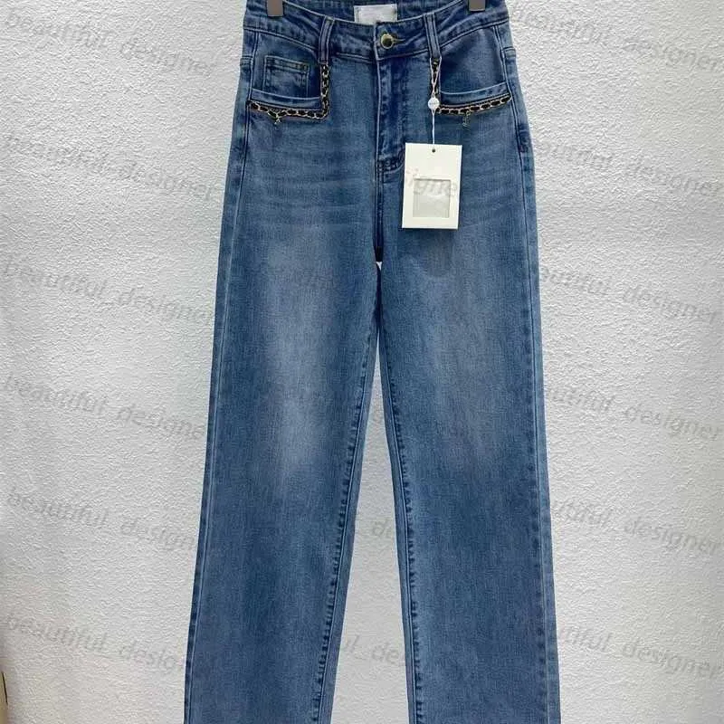 Fashion designer women's jeans 2024 Early Spring New Casual Pocket Handsewn Embossed Metal Edge Slightly Elastic Straight Leg Pants for Women
