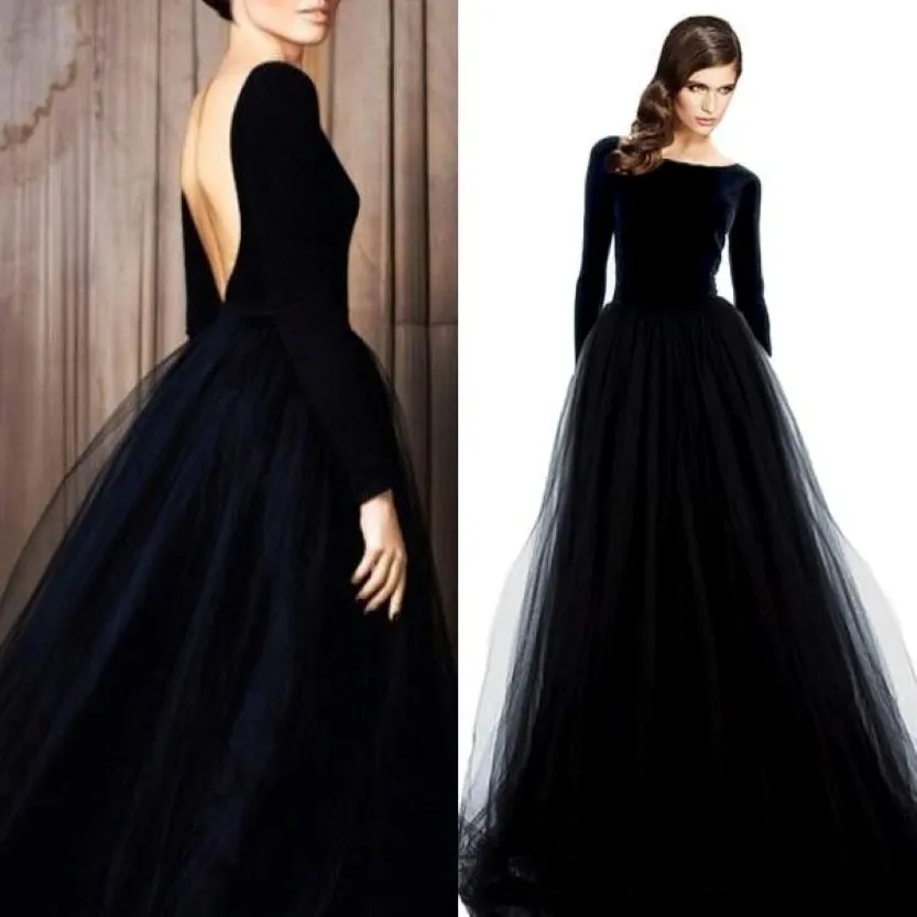 2020 New Long Sleeves Black Wedding Dresses Sexy Low Back Stretch Top Tulle Skirt Simple Non White Bridal Gowns With Color 249Q