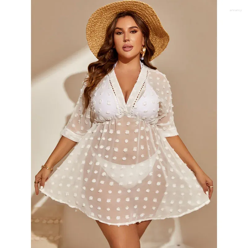 White Swim Dress Cover Up Plus Plus Size White Sheer Polka Dot Beach Cover  Up Dress