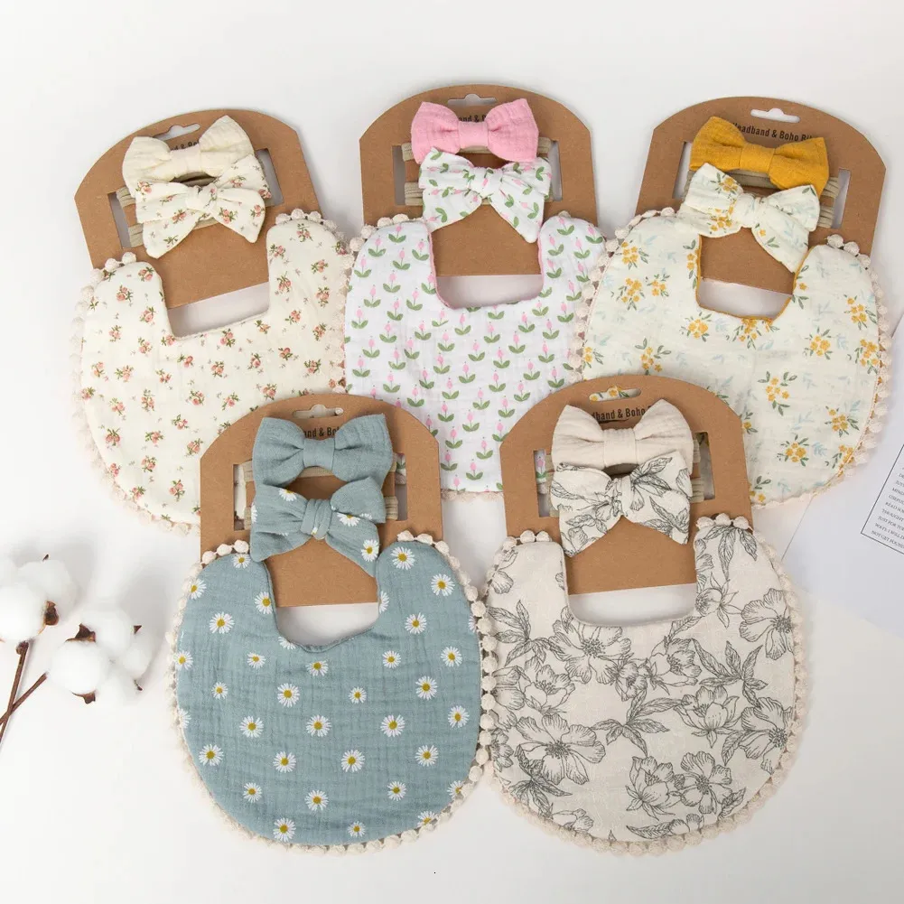 3PCSSet Baby Flower BIBS Pałą na głowę Bow Nylon Hairbands Podwójna ślina Ręcznik Karmienie Szalik Bekra