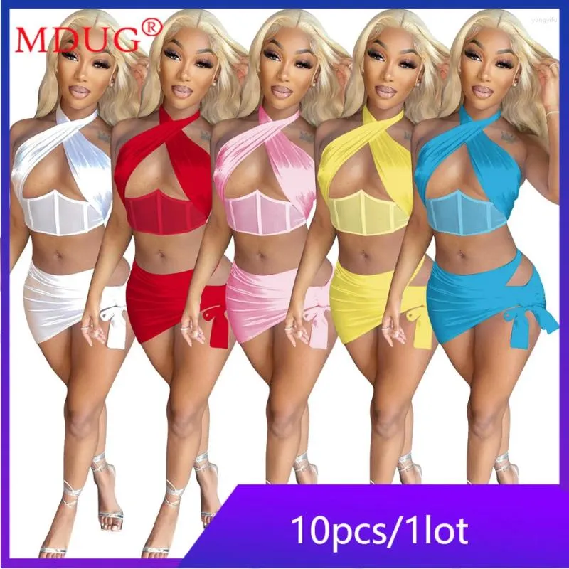 Robes de travail mdug 10 sets articles en gros pour les affaires y2k 2 pièces jupe mode mode solide halter vêtements d'été dames wames wes m8984