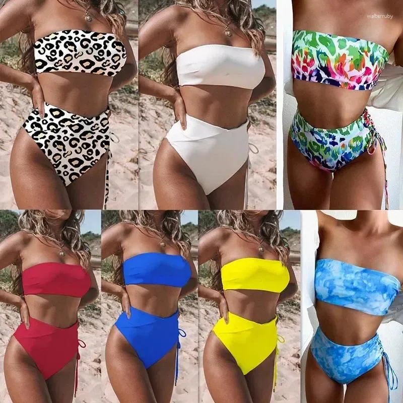 Frauen Badebekleidung Europa und die USA Solid Color Wischen Sie hohe Taille sexy Brustgurt Bikini Außenhandel Split Badeanzug